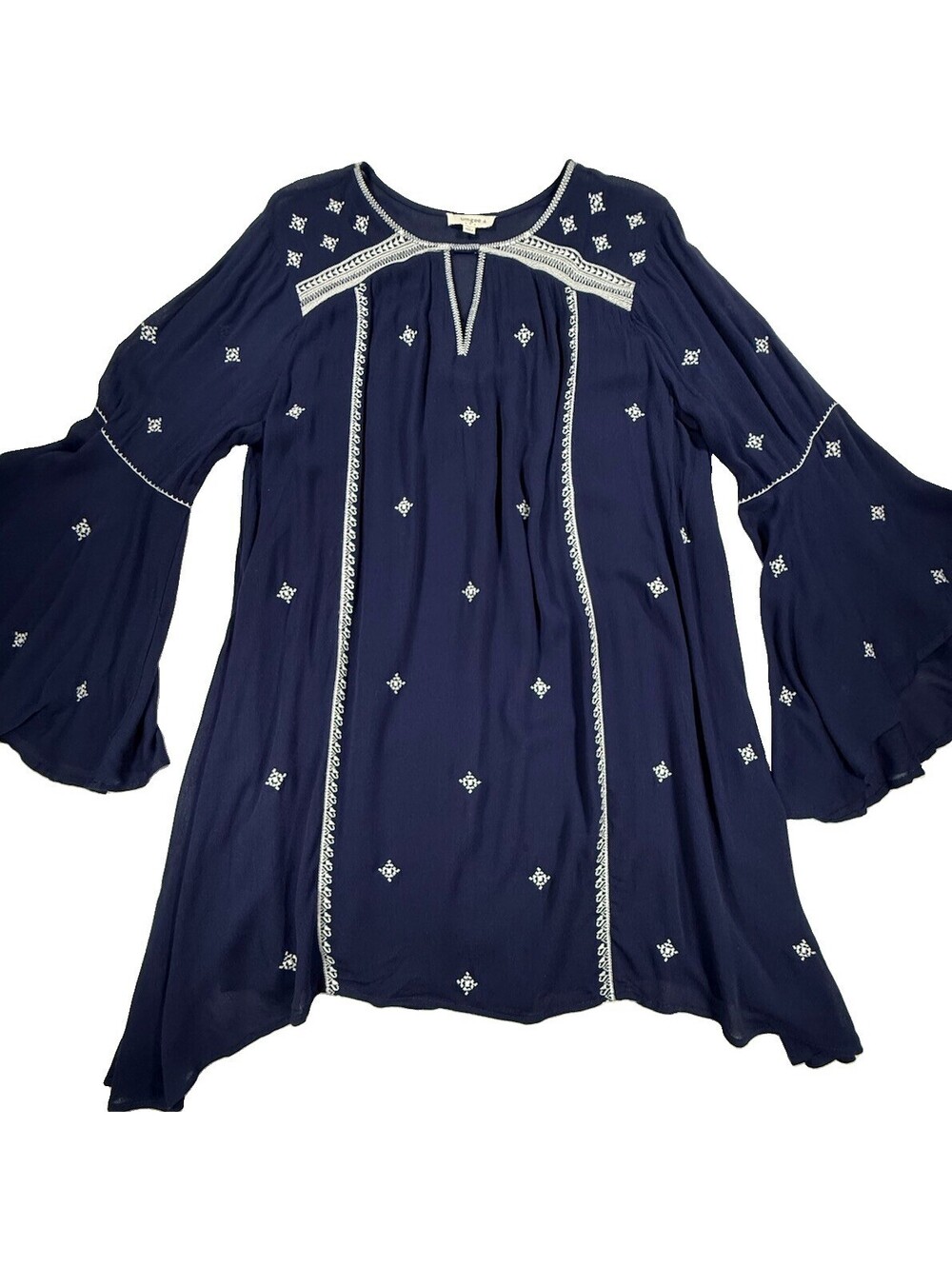 Umgee XL Navy Blue Embroidered Boho Tunic Bell Sleeve Peasant Blouse Cotton - Picture 3 of 12